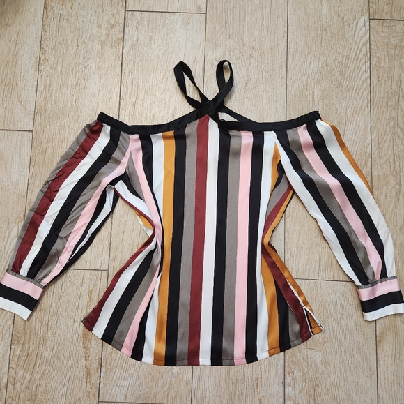 LOFT Off The Shoulder Long Sleeve Blouse Top Striped Halter Neck - Picture 11 of 12